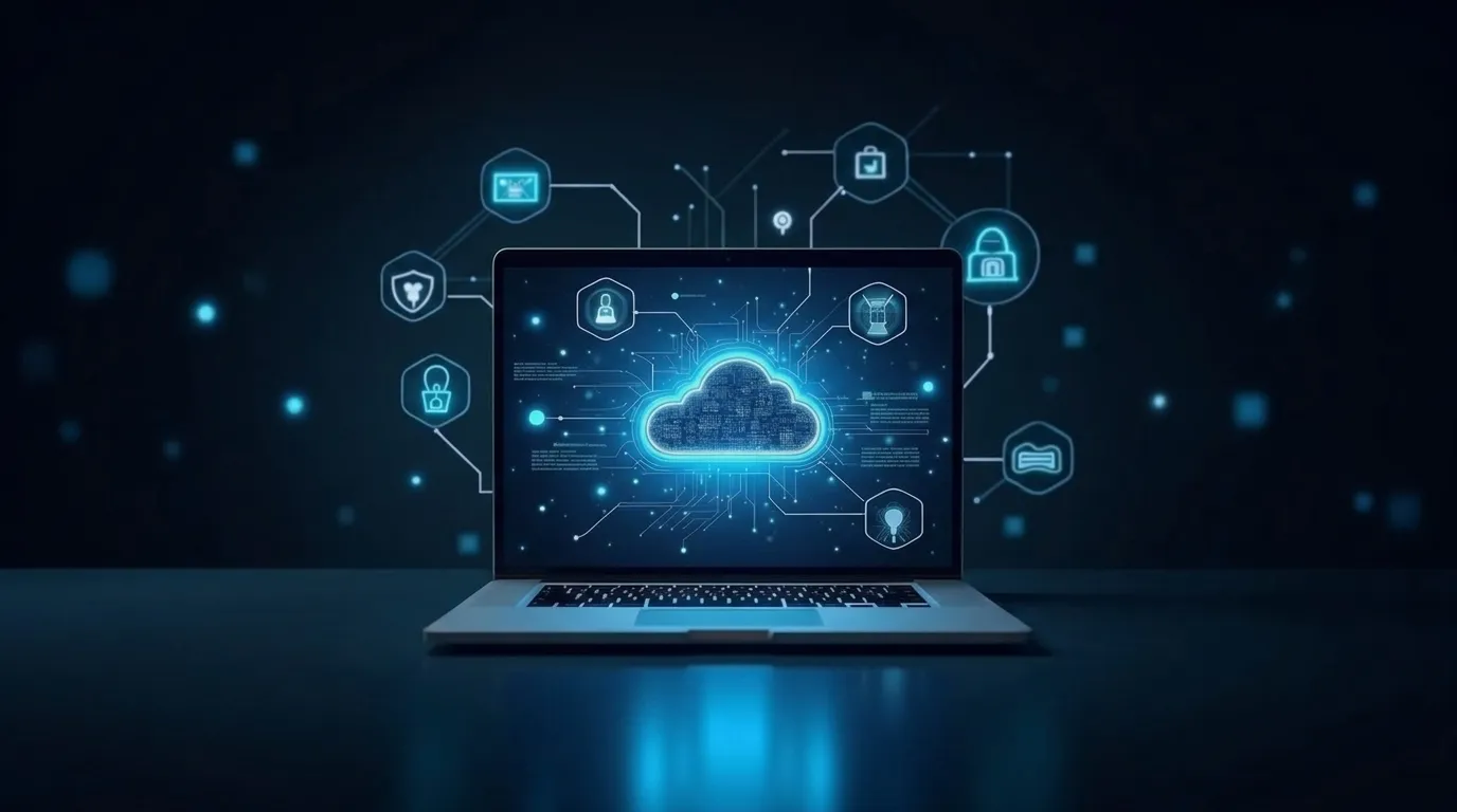 Laptop with cloud, security, and technology icons projected on the screen