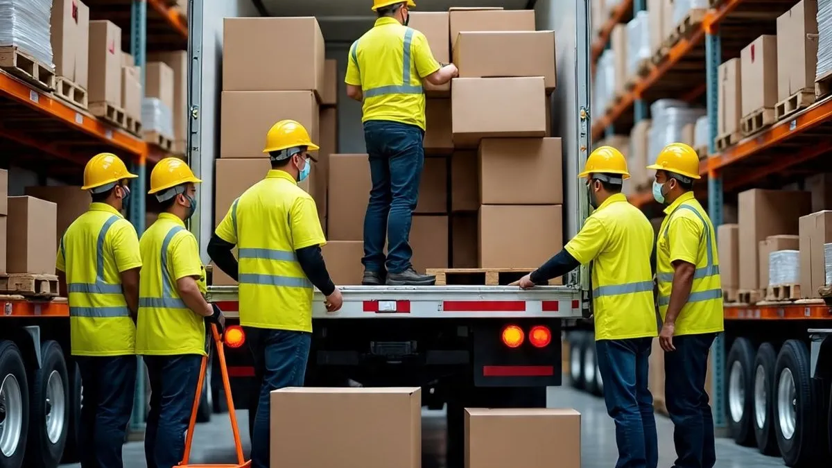 Warehouse crew loading boxes into a truck