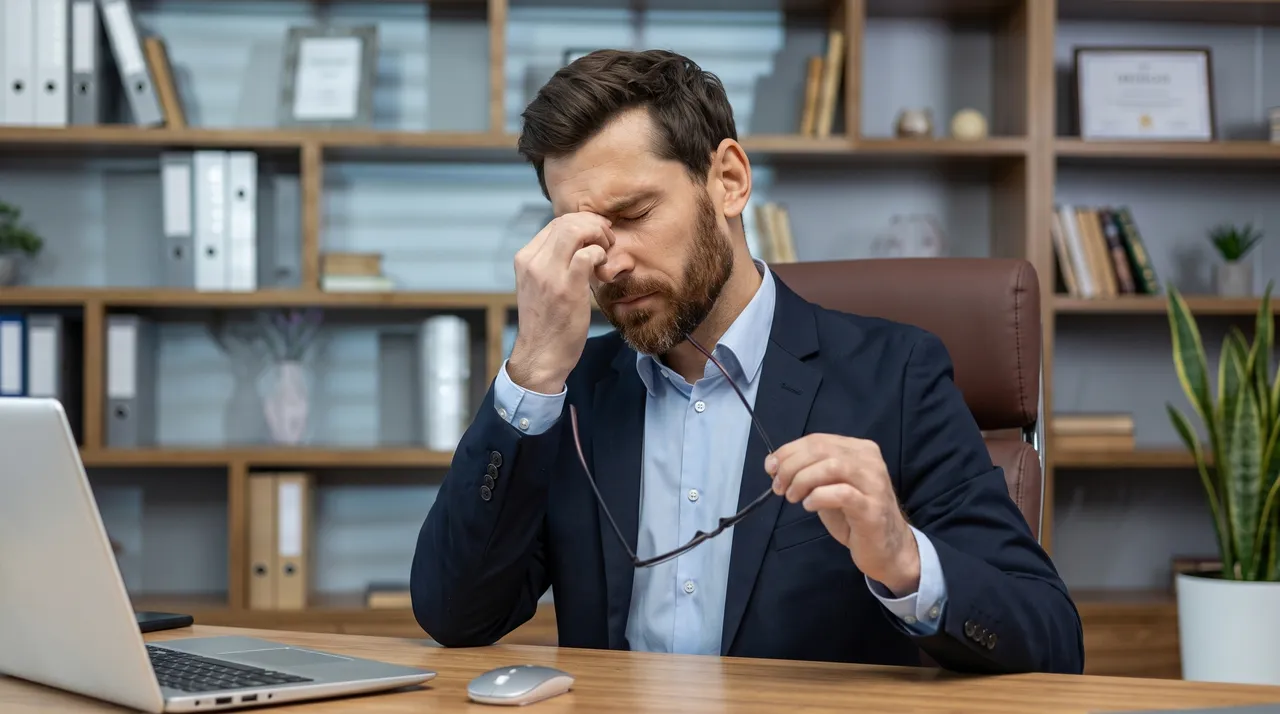Tired mature man in a suit rubbing his eyes in front of his laptop
