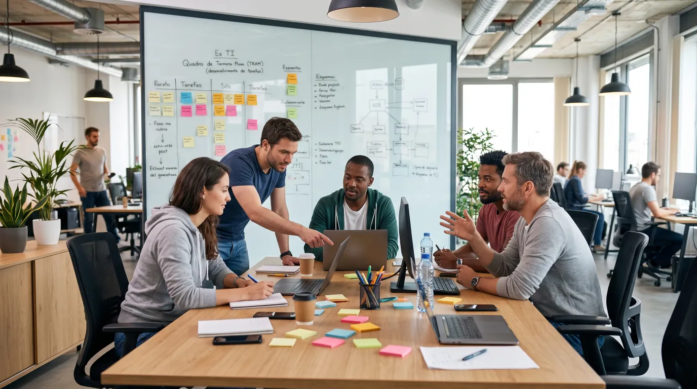 Equipe de tecnologia reunida em volta de uma mesa, trabalhando em notebooks diante de um quadro de tarefas