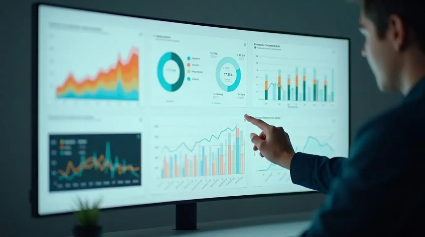 Pessoa apontando para gráficos em um painel de indicadores